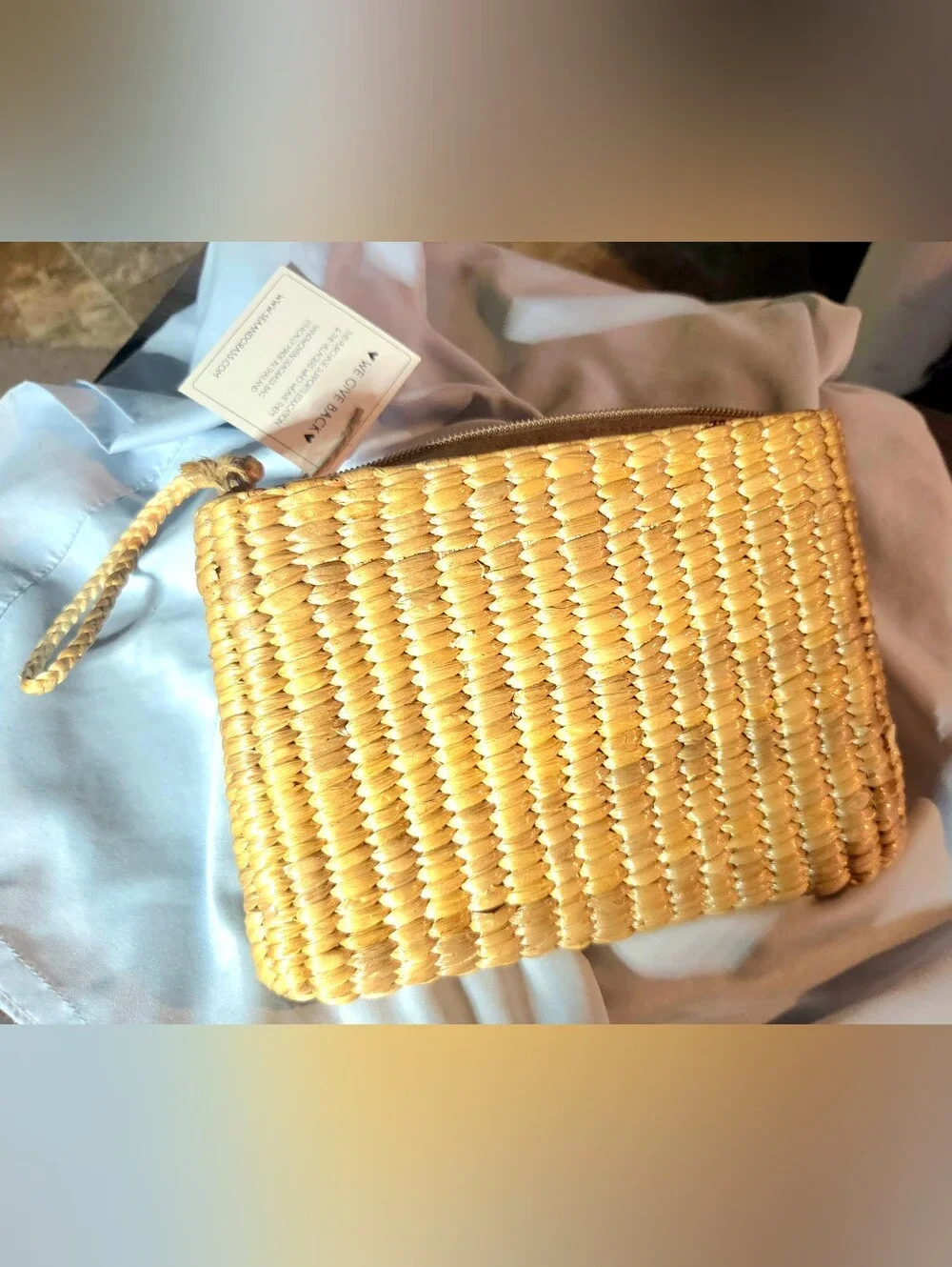 WRISTLET Sea & Grass Eva Pom-Pom Wristlet Clutch - Woven Seagrass NWT